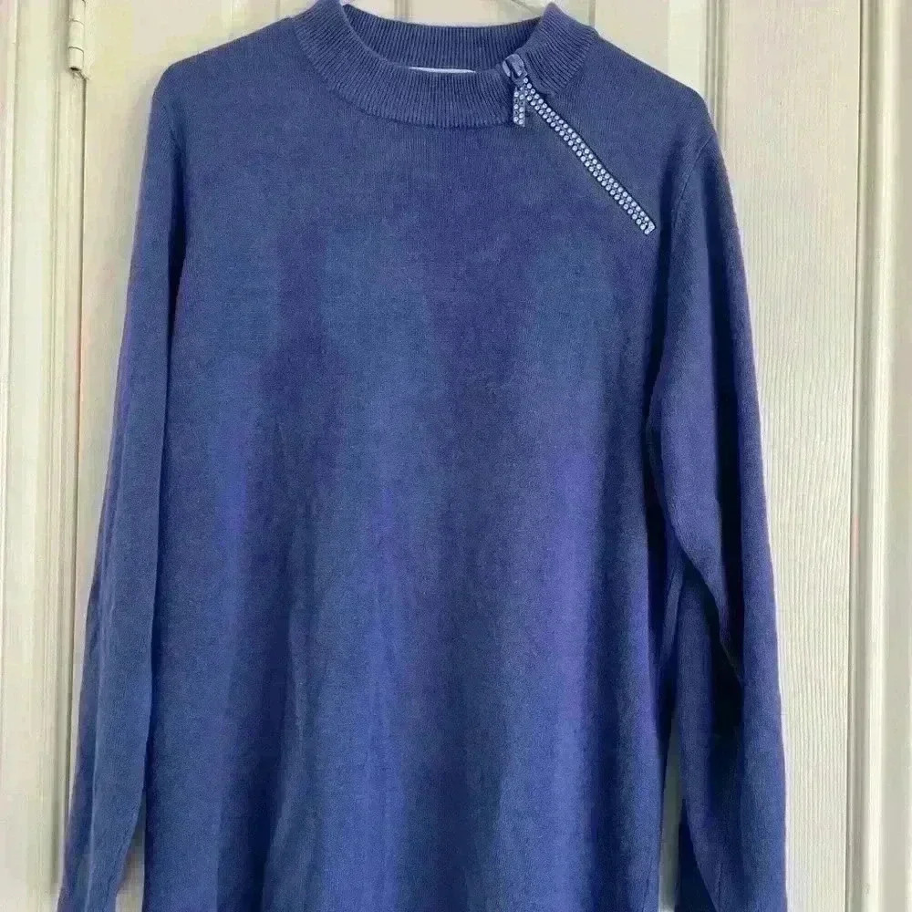 Quacker Factory Purple Sweater Soft Rhinestone zipper 1X